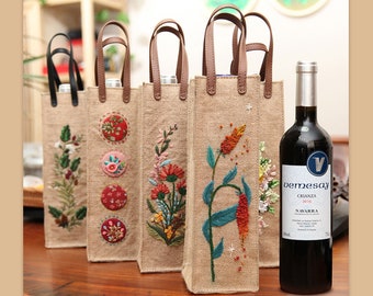 Hand Embroidered Wine Tote, Wine gift, Wine Pouch, Wine Accessories, Party Decor Wine Bag, Wine Lover Gift Idea, Christmas Gift