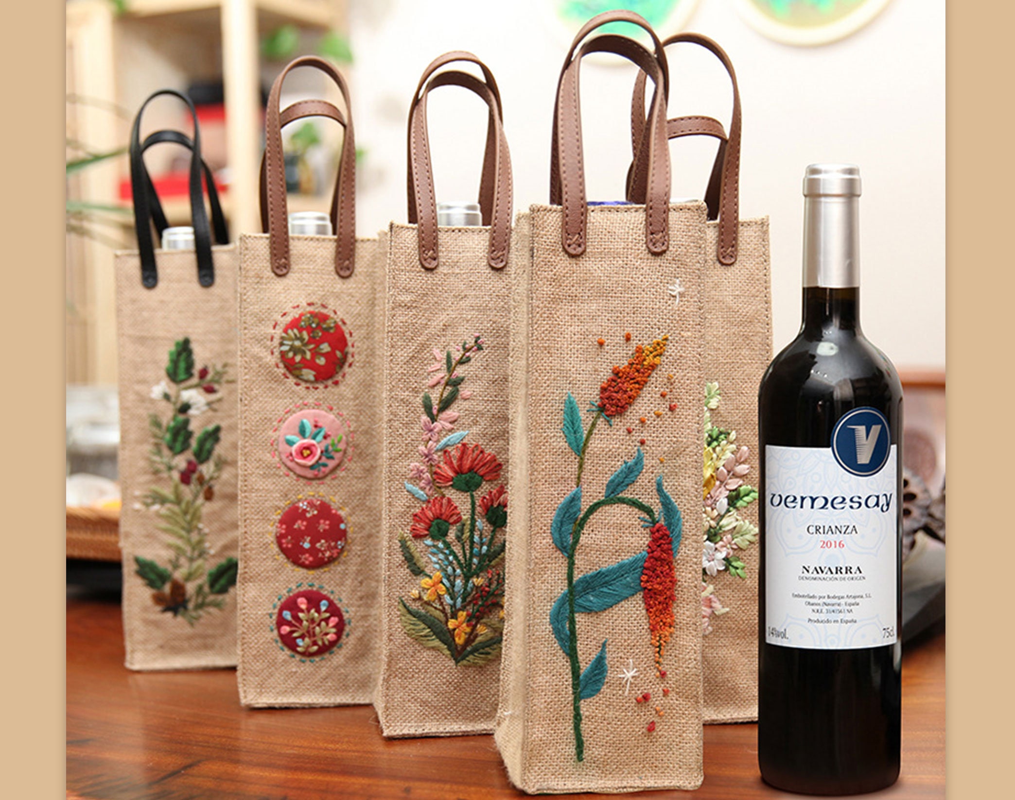 Borsa Per Vino In Cotone E Lino Naturale Con Coulisse – 34,3x14 Cm – Regalo Personalizzato Per Feste E Cene