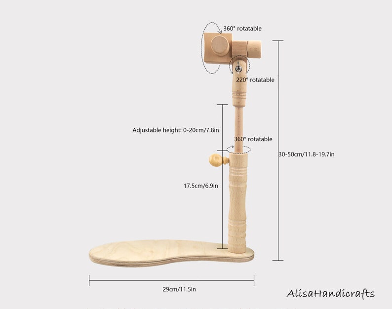 May include: Wooden embroidery stand with adjustable height from 7.8 to 19.7 inches. The stand has a 360-degree rotating base and a 220-degree rotating arm.