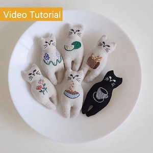 6PCS 猫ブローチ刺繍キット、ハンドステッチフラワーフードと猫ピン/ペンダント/キーホルダー装飾作成キット、手作りギフト、初心者向け刺繍