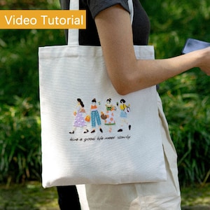 Friends Hand Embroidery Kit,Girls and Flower Embroidery Tote Canvas Bag or Pattern Sticker,Embroidery for Clothes,Sisters Gift Needlepoint