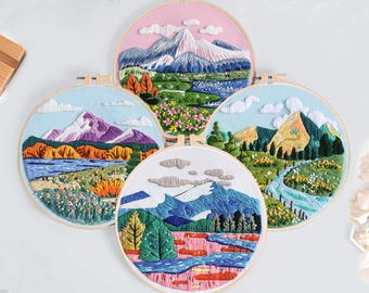 自然の風景の手刺繍プロジェクト、山、川、木、草原の刺繍パターン