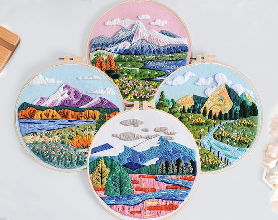 自然の風景の手刺繍プロジェクト、山、川、木、草原の刺繍パターン