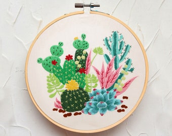 Embroidery Kit Beginner, Cactus, Succulent Plants Hand Embroidery Pattern, Embroidery Project, Beginners Needlecraft Set-10in