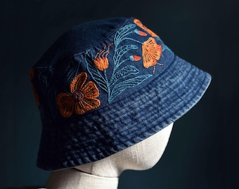 Blumen-Handstickerei-Kit-Blauer Denim-Fischer-Eimer-Hut für Frauen, geeignet für Frühling und Herbst
