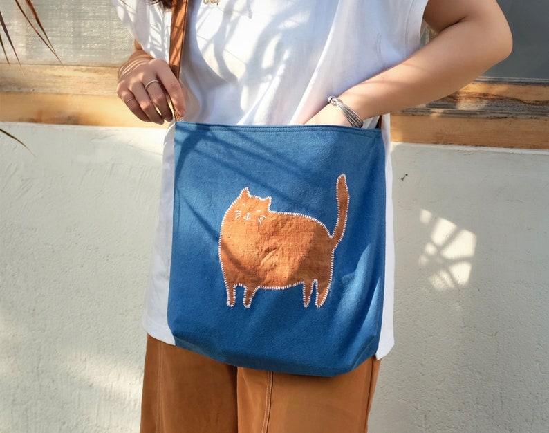 Summer Orange Kitten Patchwork Embroidered Shoulder bag, Hand Dyed Blue Crossbody Bag for Women, Lightweight Casual Cloth Tote Bag image 2