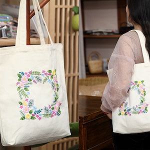Blumen Stickerei Canvas Bag Kit, Blumen Stickerei Kit, bestickte Tragetasche, Damen Slouchy Bag, Schultertasche