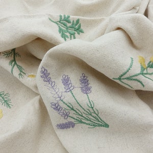 Tessuto di lino e cotone naturale con fiori ricamati/motivo botanico/morbido panno floreale bianco sporco per decorazioni per la casa di abiti - Larghezza 140 cm/55"