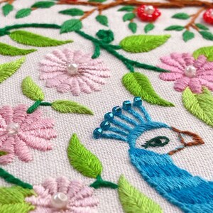 Beginner Embroidery Kit, Spring Flowers and Peacocks Embroidery Pattern, Modern Hand Embroidery Kit, Adults DIY Craft Kit-12in/32cm image 3