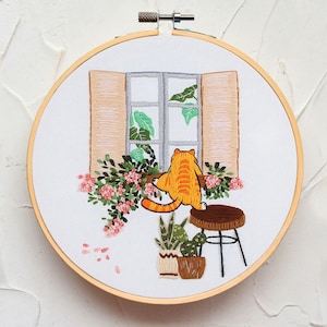 Enjoying Holiday with Cat, Hand Embroidery Kit for Beginners, Relaxing Weekends, Cute Cat, Flower and Plant Needlework Starter Kit-8in