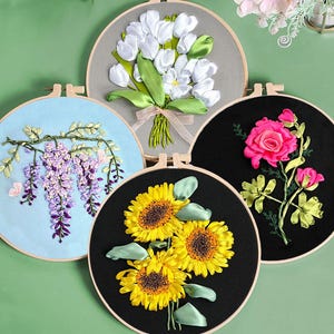 シンプルな花のリボン刺繍キット、初心者向けローズ・ひまわり・藤・チューリップのリボン刺繍キット（ビデオチュートリアル付き）、花のステッチキット - 8インチ