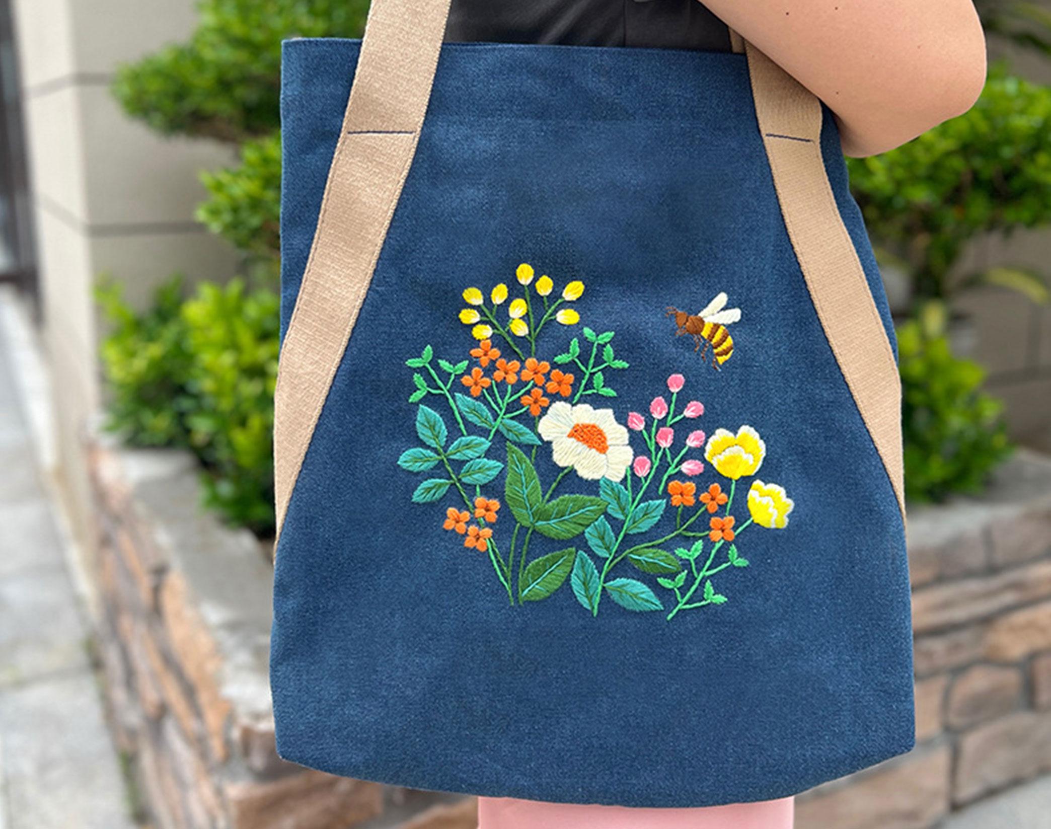 花柄トートバッグ刺繍キット、初心者向けキャンバスショルダーバッグ