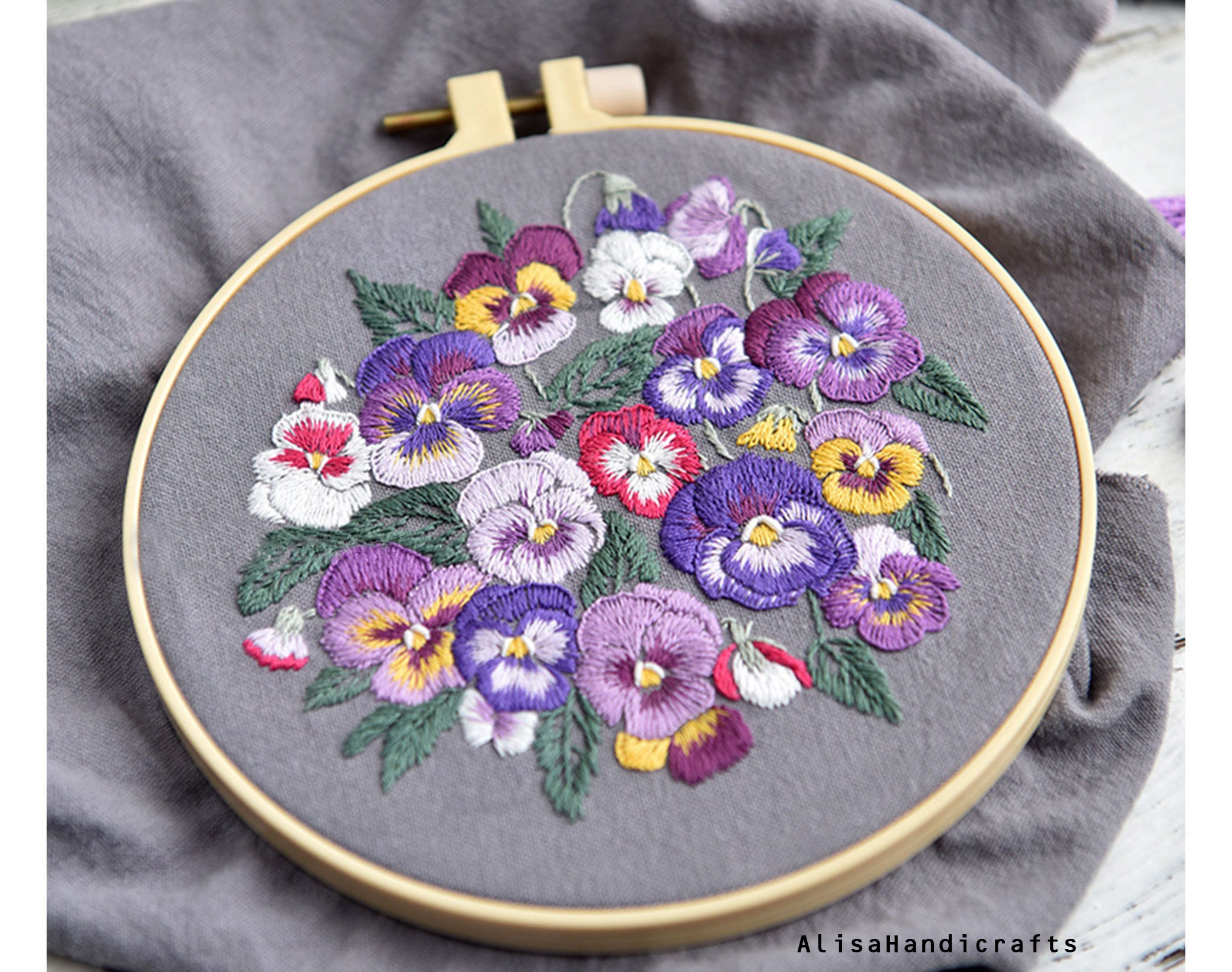 初心者向け刺繍パンジーフルキット、インスフラワーハンド刺繍フープ