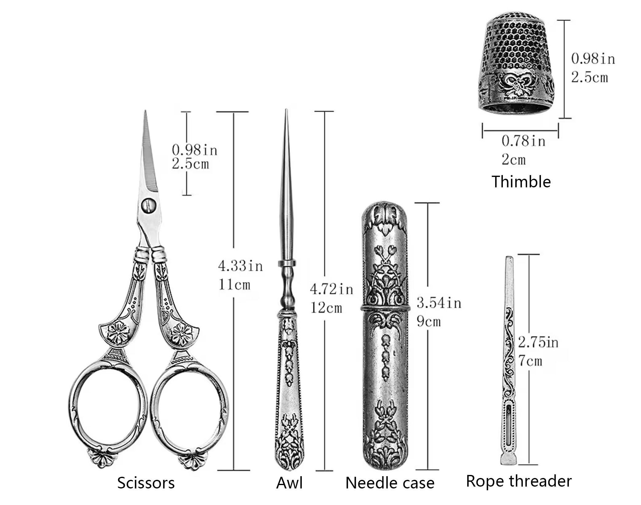 5点ビクトリア朝の裁縫道具セット、はさみ、指ぬき、ヴィンテージ針