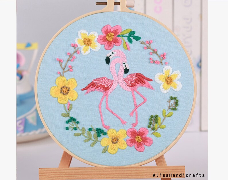 Pink Flamingo Starter Embroidery Kit, Preprinted Birds and Flowers Embroidery Kit for Beginners, with Pattern and English Instructions-8in image 5