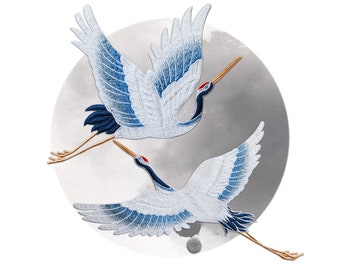 Embroidered Patch Red Crowned Crane Birds Sew On Patches, Bule Gold Crane Embroidered Applique, China Motif Repair Patch for Clothes, Dress