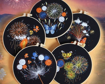 Fireworks and Butterfly Embroidery Kit,Beginner Craft Sewing Kit,Stamped Hand Embroidery Sets with Pattern and Instructions,Needle Kit-8in