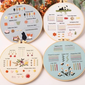 Può includere: Quattro cerchi da ricamo con sfondi di colori diversi e punti di ricamo. I cerchi sono etichettati con i nomi dei punti, come "Punto a punto", "Punto indietro", "Nodo francese" e "Punto a piuma".