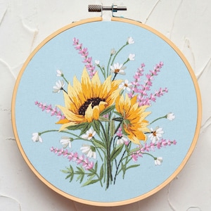 Sunflower Lavender Hand Embroidery Kit for Beginners, Large Yellow Flowers Embroidery Kit, Easy Needlework Hoop Art Kit, DIY Home decor-8in