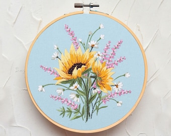 Sunflower Lavender Hand Embroidery Kit for Beginners, Large Yellow Flowers Embroidery Kit, Easy Needlework Hoop Art Kit, DIY Home decor-8in