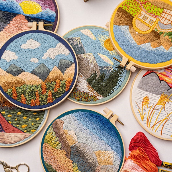 Meadow Scenery Hand Embroidery Kit,DIY Landscape Embroidery Pattern,Mountain Range Embroidery Starter Kit,Modern Crewel Embroidery Kit-8in