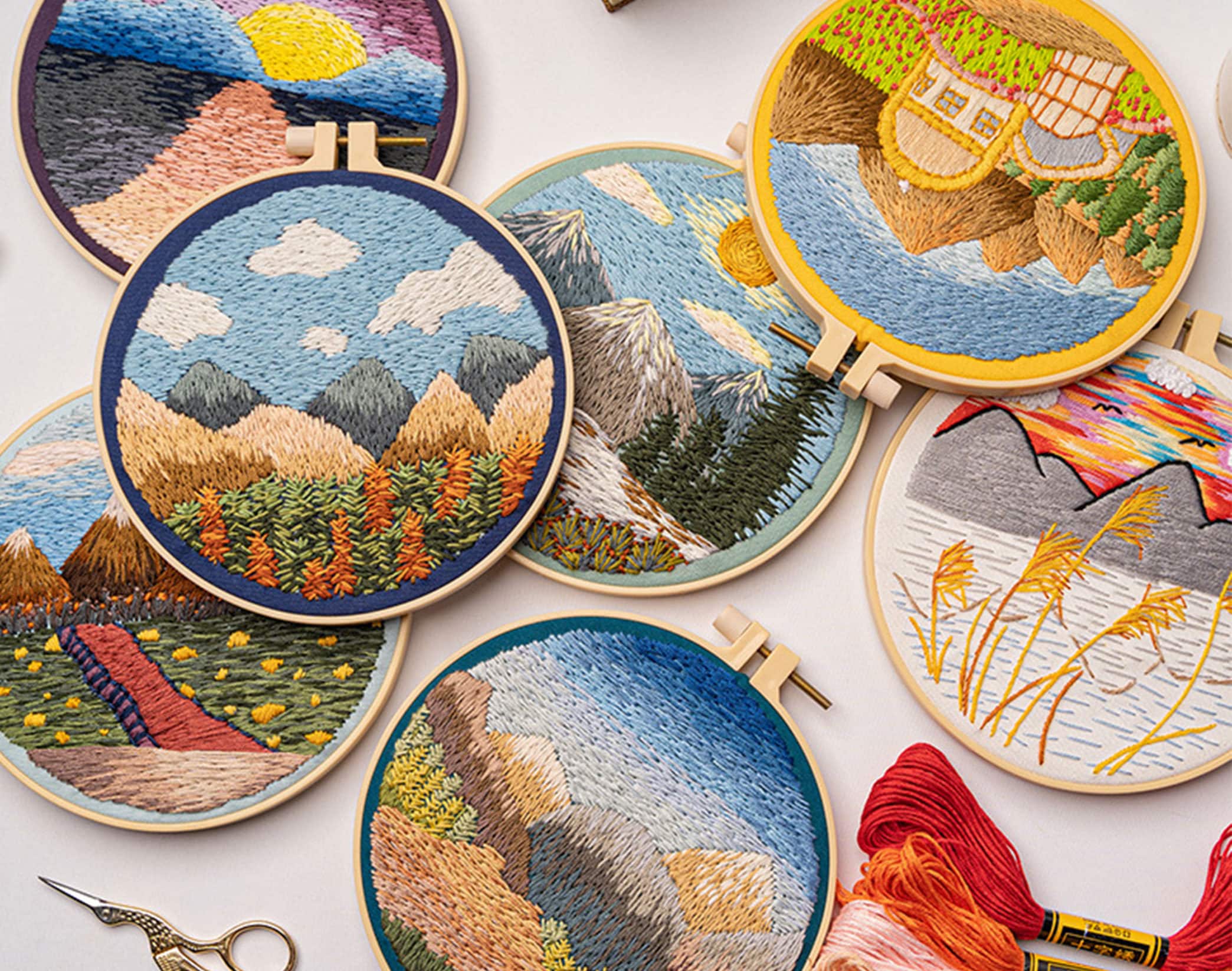 Meadow Scenery Hand Embroidery Kit,diy Landscape Embroidery