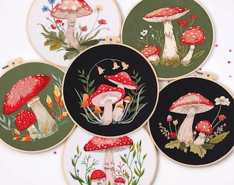 Mushroom Forest Embroidery Kit, Beginners Vintage Mushroom Embroidery Pattern & Stitch Guide, Modern Needlecraft Hand Embroidery Kit-8in