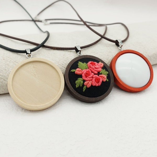 DIY Wooden Blank Pendant with Wax Rope, Round Embroidery Pendant Base Kit, Cross Stitch Necklace Kit, Handmade Pendant Kit-25/30mm