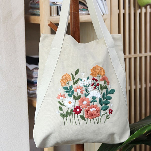Flowers Shoulder Bag Embroidery Kit for Beginners, Floral Canvas Tote Bag Kit, Handbags, DIY Weekender Bag, Shopping Bag