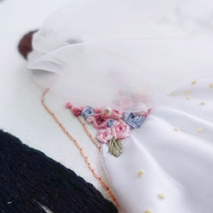 Pu&ograve; includere: Tessuto bianco con un delicato ricamo floreale in filo rosa, blu e verde. Il ricamo &egrave; un gruppo di fiori con una perla al centro.