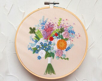 Beginner Embroidery Kit, Modern Sunflower Tulip Rose Bouquet Flower Hand Embroidery Pattern, DIY Hoop Art Craft Kit-8in