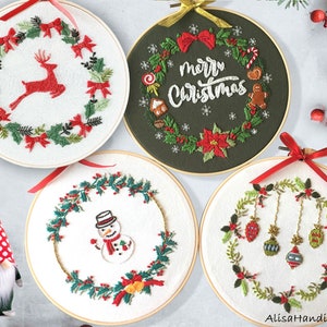 Christmas Wreath Embroidery Full Kit for Beginner, DIY craft kit adult, Hand Embroidery Christmas Ornaments,DIY Hoop Art-8 Inches