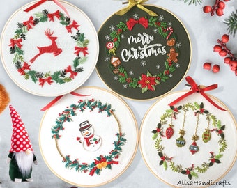 Christmas Wreath Embroidery Full Kit for Beginner, DIY craft kit adult, Hand Embroidery Christmas Ornaments,DIY Hoop Art-8 Inches