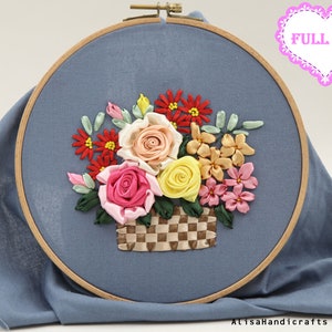 リボン刺繍フルキット、シルクリボン刺繍フラワーバスケット、大人用DIYクラフトキット、花柄ハンド刺繍キット-6インチ