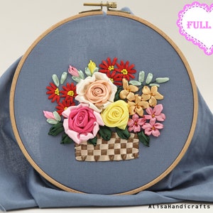 Ribbon Embroidery Full Kit, Silk Ribbon Embroidery Flower Basket, DIY Craft Kit Adult, Floral Hand Embroidery Kit-6 Inch