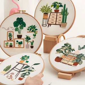 Cat and Green Plants Hand Embroidery Kit, Embroidery Stitch Kit for Beginners, Potted Botanical Embroidery Pattern, DIY Wall Decor-8in