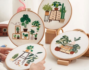 Kit de bordado a mano de gato y plantas verdes, kit de puntada de bordado para principiantes, patrón de bordado botánico en maceta, decoración de pared de bricolaje, 8 pulgadas