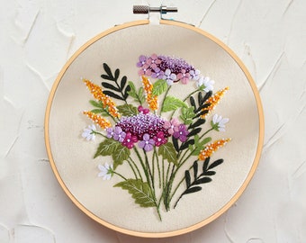 Pink Purple Hydrangea Flower Embroidery Kit for Beginner/Summer Wildflowers Floral Hand Embroidery Pattern/Needlework Hoop Art/Gift Idea-8in