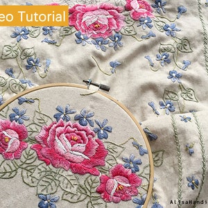 Hand Embroidery Table Runner Kit,Vintage Rose and Violets Flower Embroidery Art Kit with Video Tutorial,Home Table Decor,Gift for Mom/Her