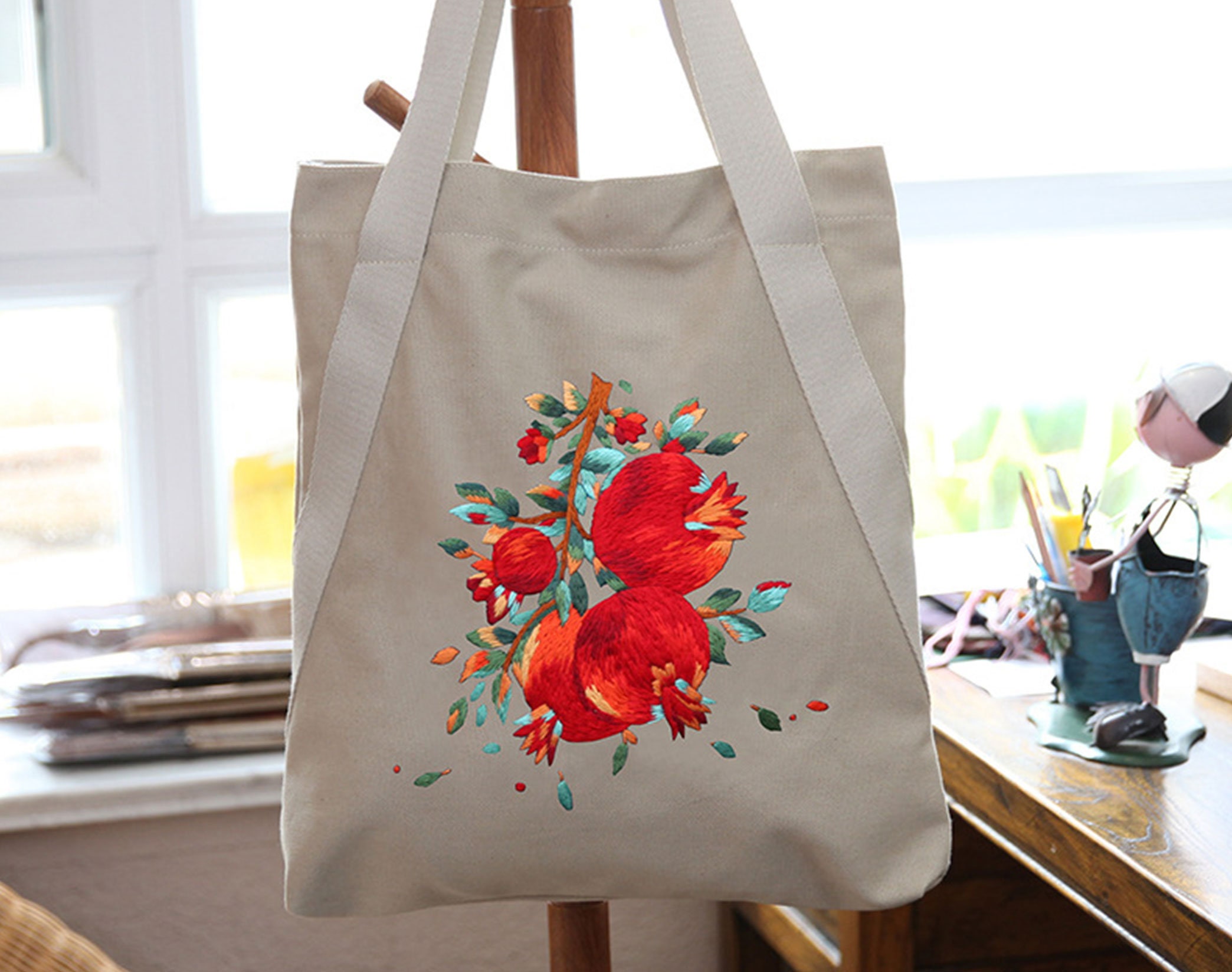 DIY Embroidery Bag with Supplies Organizer Bag with Flower Pattern