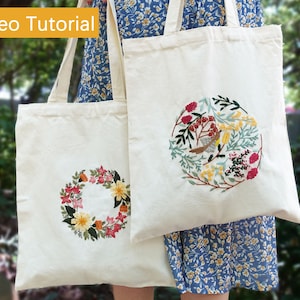 Blumen und Vogel Stickerei Tasche Kit für Anfänger, Floral Canvas Tote Bag Stickerei Needlecraft Kit mit englischer Anleitung + Video-Tutorial