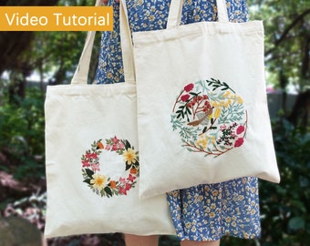 Flowers and Bird Embroidery Bag Kit for Beginners, Floral Canvas Tote Bag Embroidery Needlecraft Kit with English Instruction+Video Tutorial