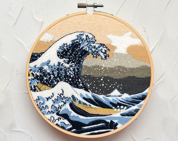 Japanese Ukiyo-e Hand Embroidery Kit, The Great Wave in Kanagawa, Famous Painting Embroidery Kit, Adult Handicraft Needlework Art Kit-8in