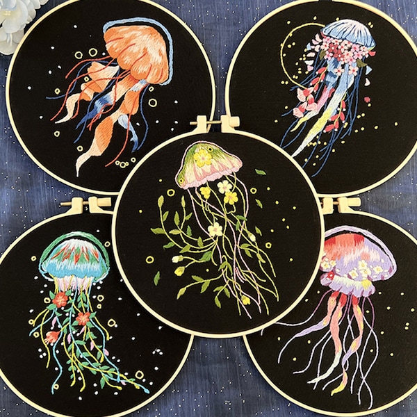 Beginner Jellyfish and Flower Embroidery Kit,Sea Animal Embroidery Pattern,Learn to Stamped Embroidery Kit with Hoop,Modern Starter Kit-8in