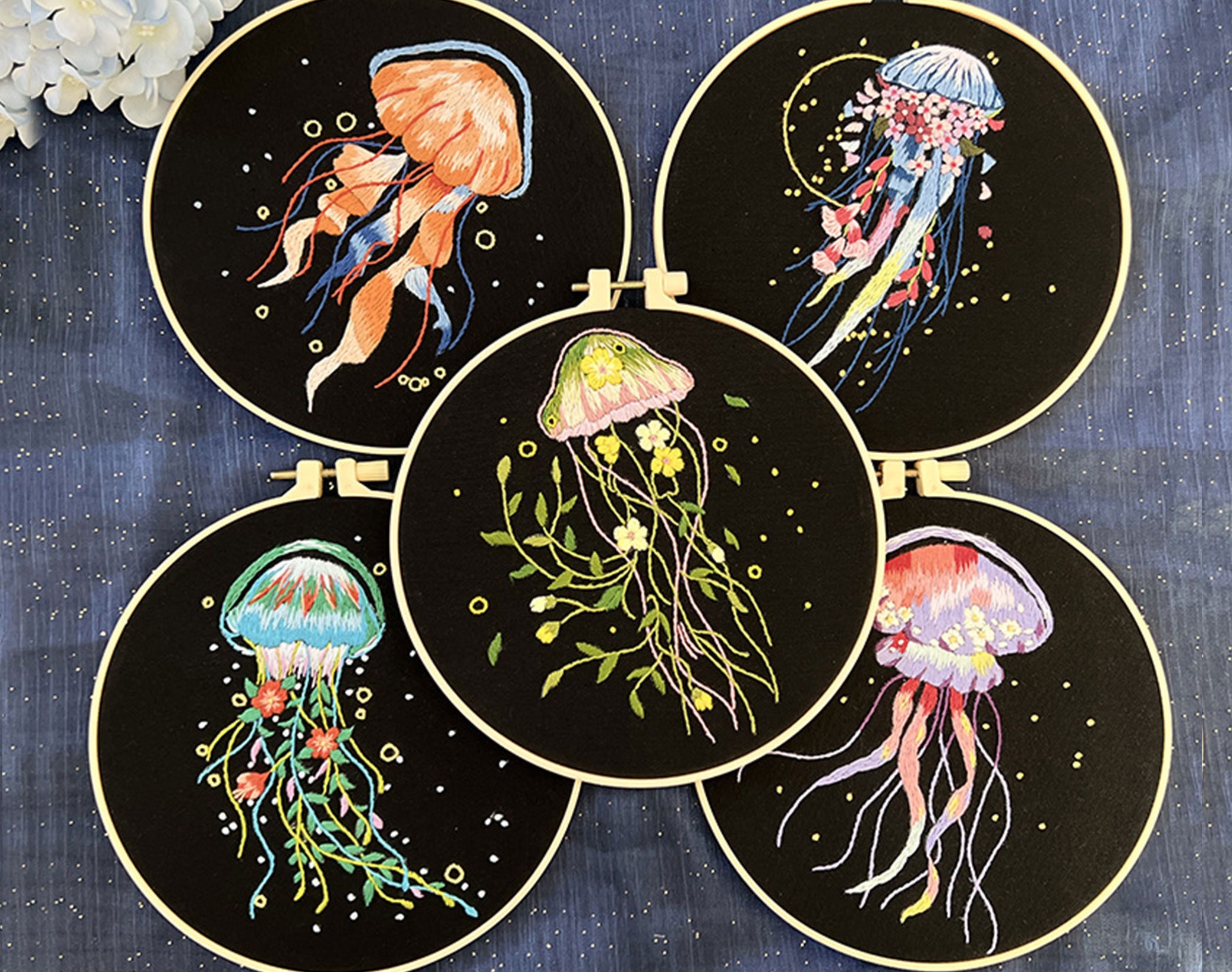 Beginner Jellyfish and Flower Embroidery Kit,Sea Animal Embroidery Pattern,Learn to Stamped Embroidery Kit with Hoop,Modern Starter Kit-8in