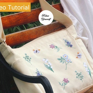 Tote Bag with Hand Embroidery Pattern, Flower Embroidery Canvas Crossbody Shoulder Bag Full Kit, Adult Embroidery Kit with Video Tutorial