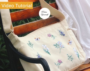 Tote Bag with Hand Embroidery Pattern, Flower Embroidery Canvas Crossbody Shoulder Bag Full Kit, Adult Embroidery Kit with Video Tutorial