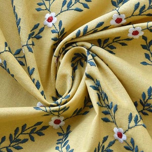 Cotton And Linen Fabric with Embroidered Flowers, Dress Fabrics, Floral Yellow Fabric for Clothing or Home Decro- Width140cm/55in