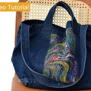 Blue Hand Embroidery Tote Bag Kit-Retro Large Capacity Denim Shoulder Bag with Landscape Embroidery Pattern, Personalise Embroidery Bag/Gift