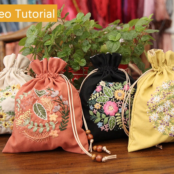 Bloem borduurtas voor beginners/bloemen tas met trekkoord volledige borduurset/naaien handwerken portemonnee grappig/doe-het-zelf knutselset volwassen